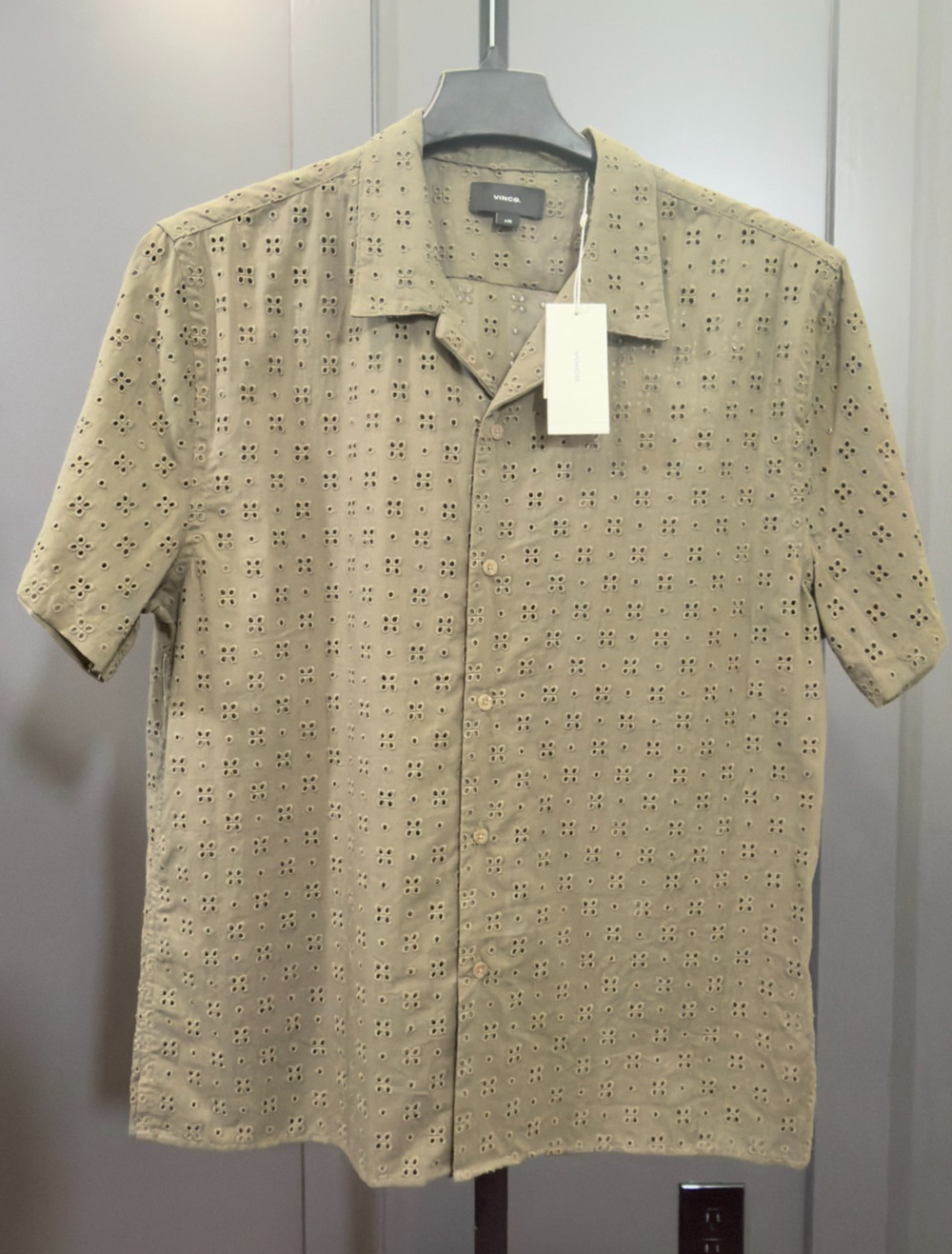 VINCE. Short Sleeve Eyelet Embroidered Shirt Olive Green L NWT